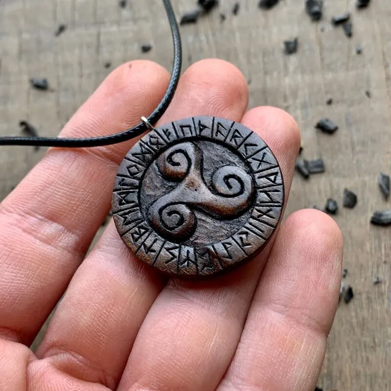 Handcarved Unique Wood Triskelion and Runes Pendant