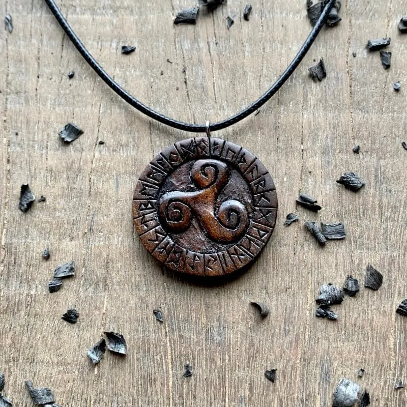 Handcarved Unique Wood Triskelion and Runes Pendant