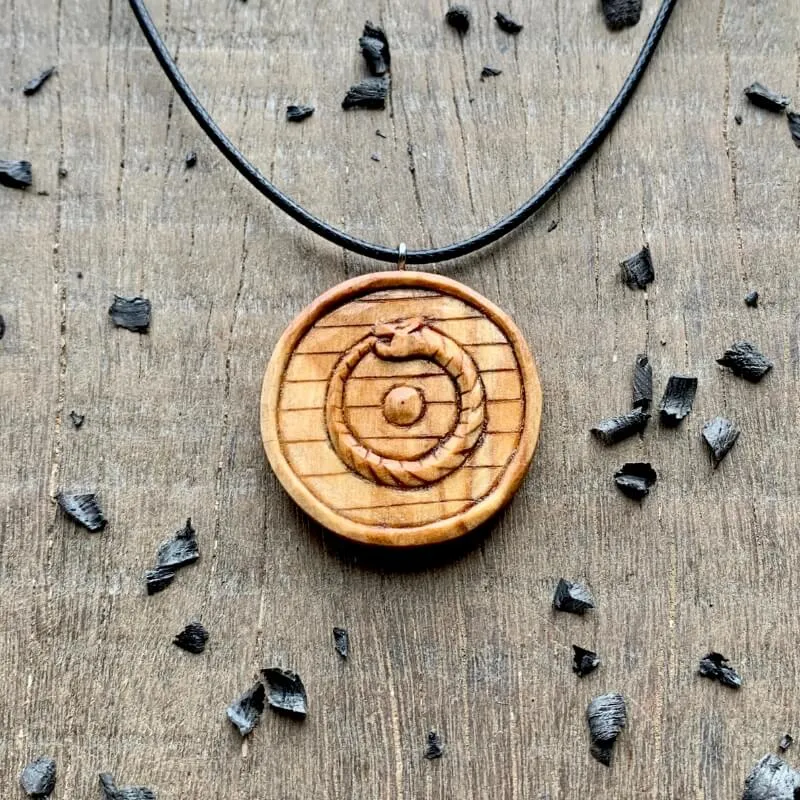 Handcarved Unique Wood Uroboro Viking Shield Pendant
