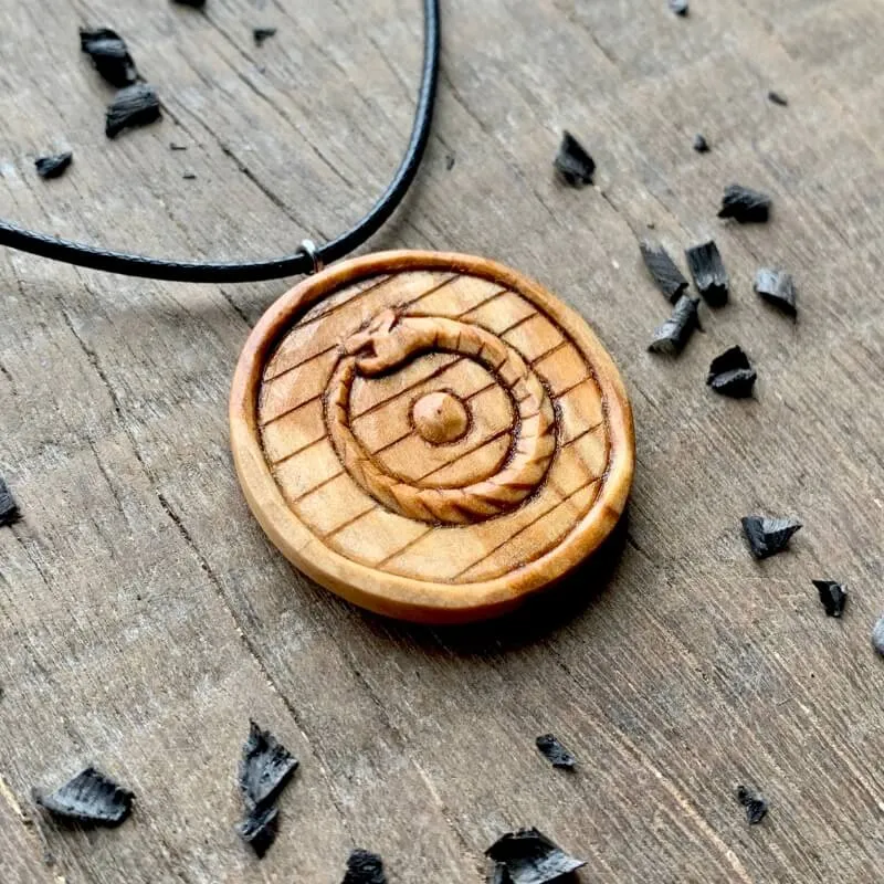 Handcarved Unique Wood Uroboro Viking Shield Pendant