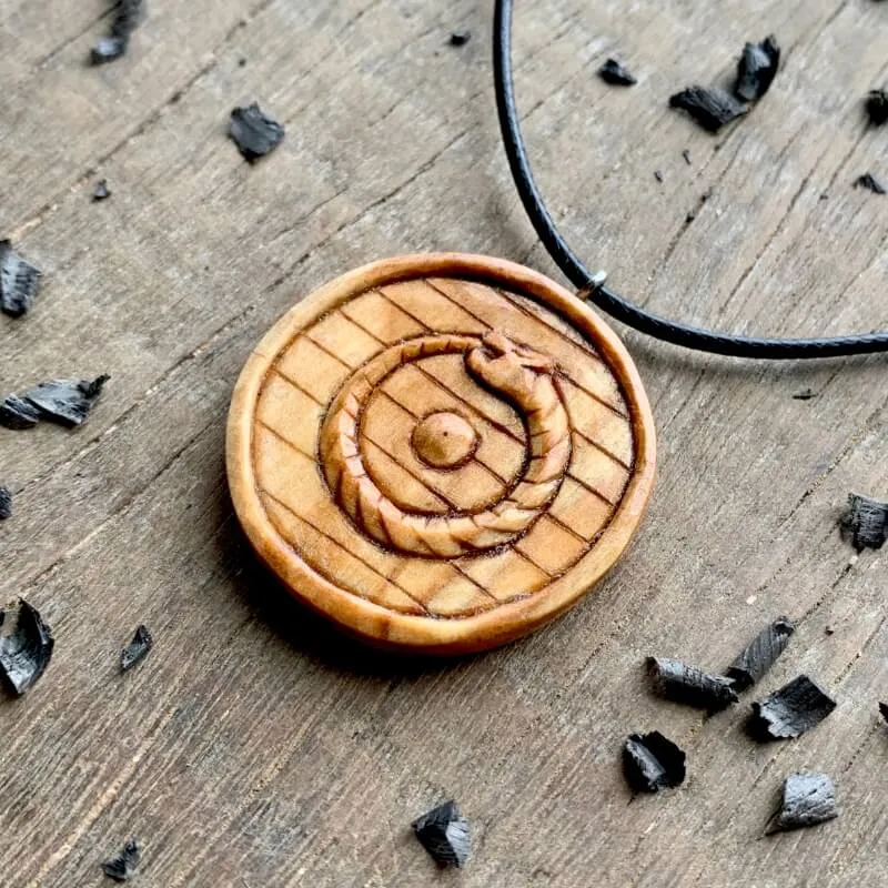 Handcarved Unique Wood Uroboro Viking Shield Pendant