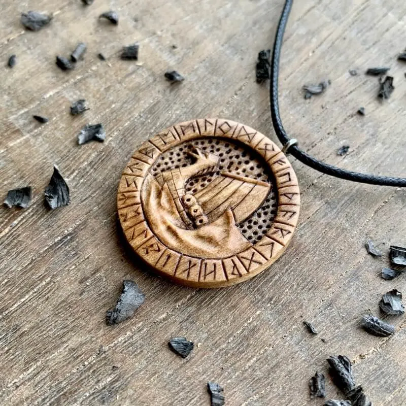 Handcarved Unique Wood Walnut Drakkar Runes Pendant
