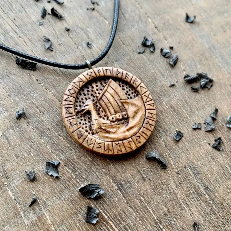 Handcarved Unique Wood Walnut Drakkar Runes Pendant