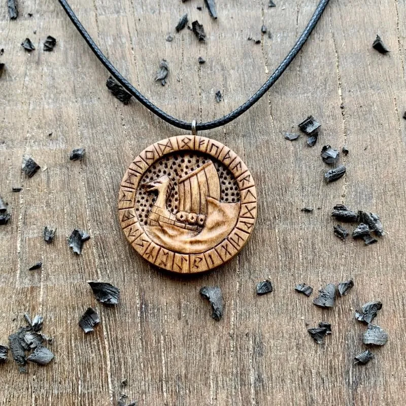 Handcarved Unique Wood Walnut Drakkar Runes Pendant