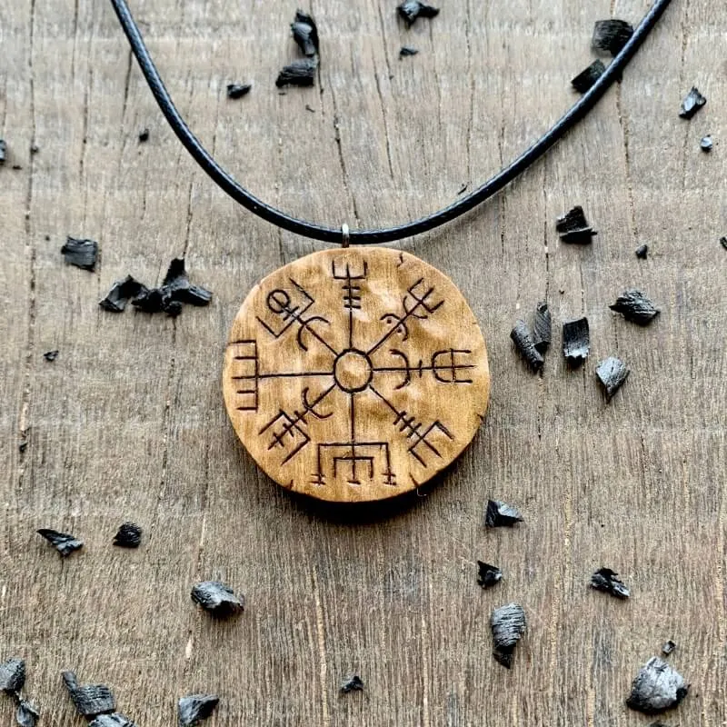 Handcarved Unique Wood  Walnut Vegvisir Pendant