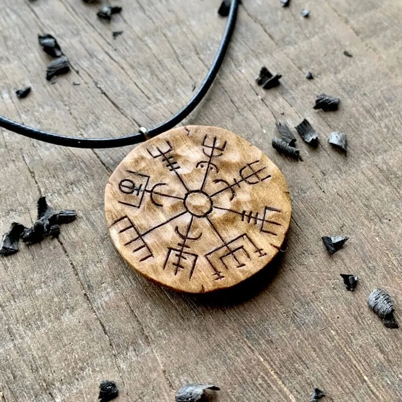 Handcarved Unique Wood  Walnut Vegvisir Pendant