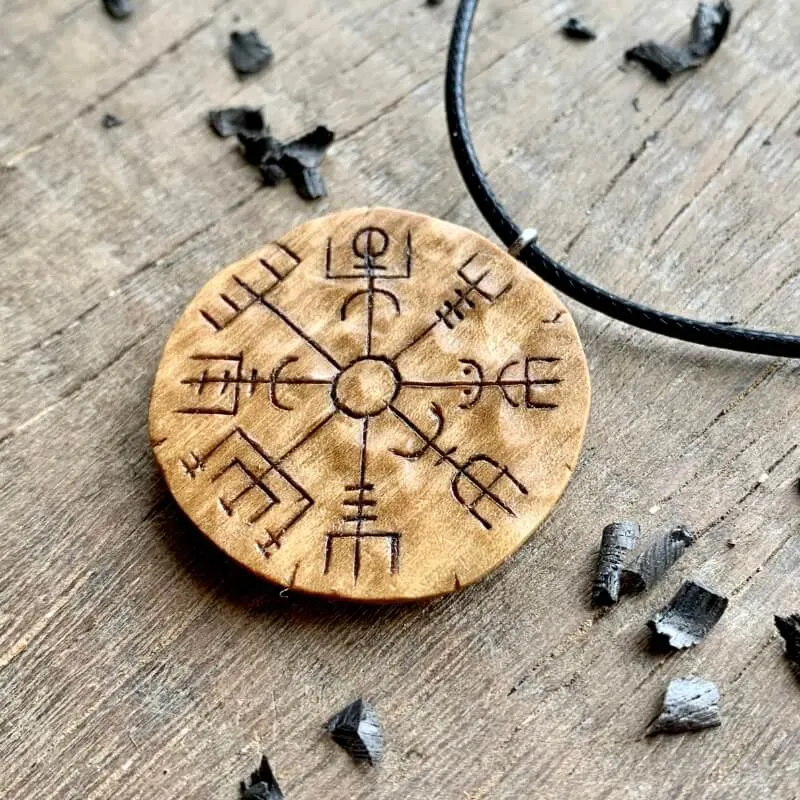 Handcarved Unique Wood  Walnut Vegvisir Pendant