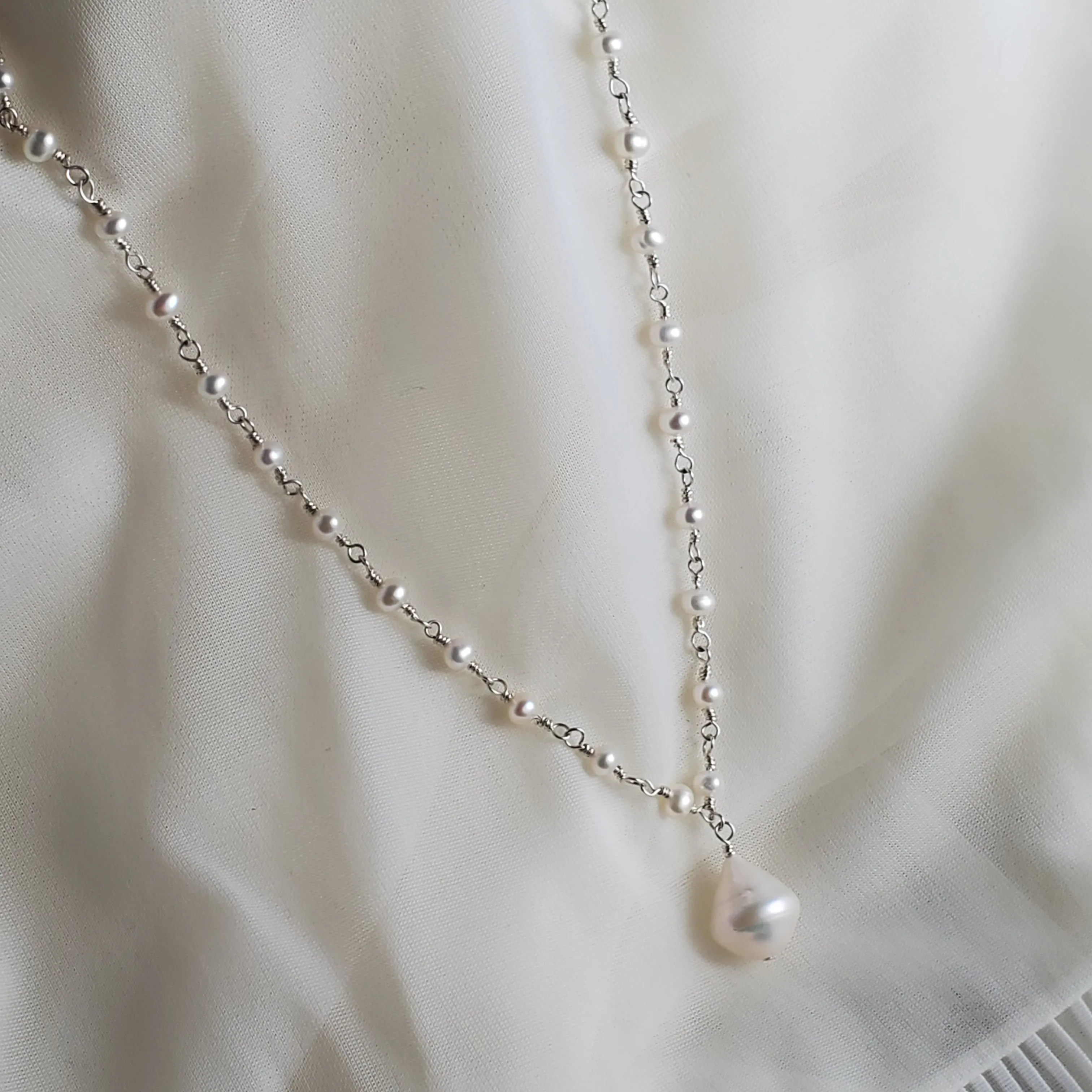 Handmade Chain Of Pearls Necklace, Rosary Chain with Drop Pearl Focal,  Sterling Silver and Pearl Necklace