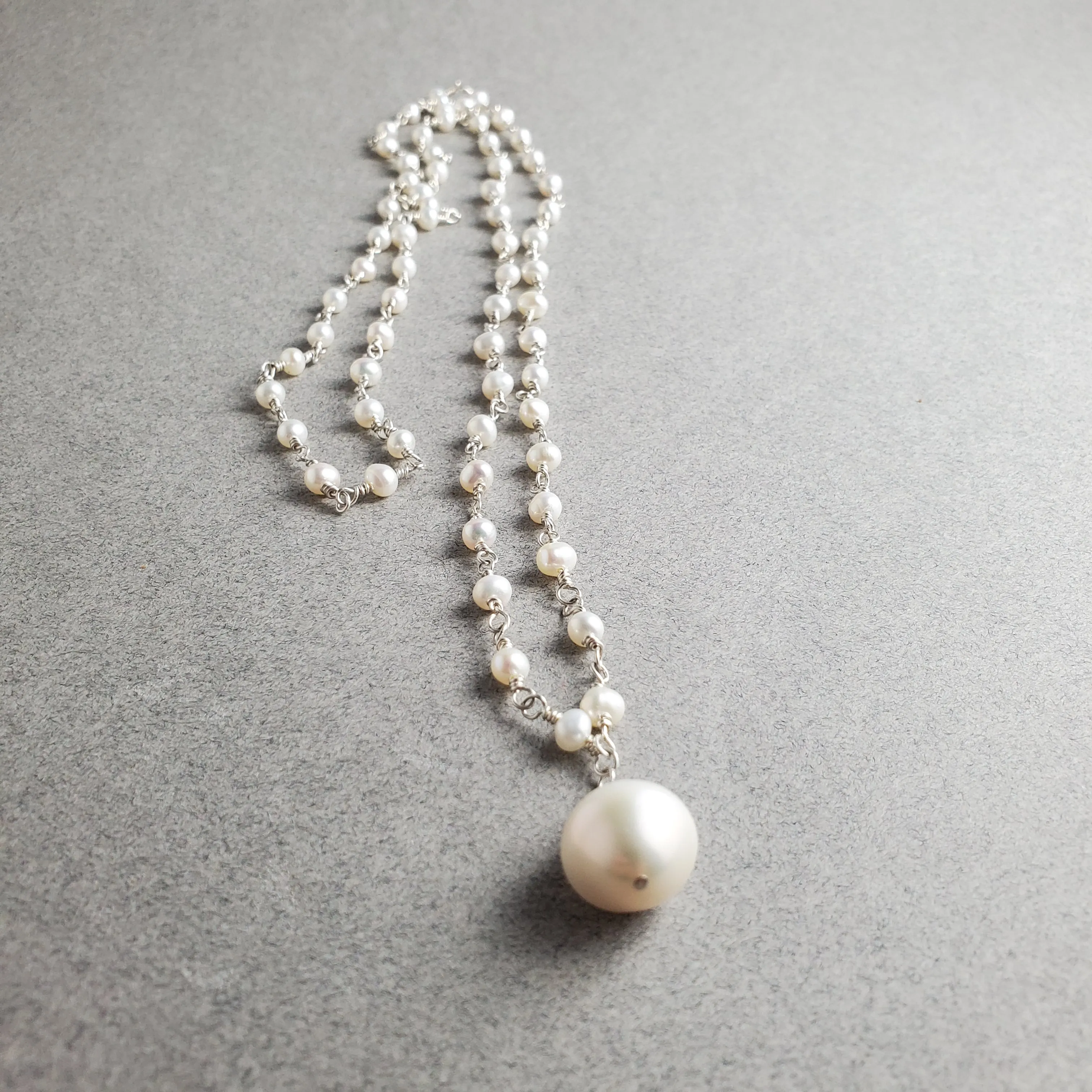 Handmade Chain Of Pearls Necklace, Rosary Chain with Drop Pearl Focal,  Sterling Silver and Pearl Necklace