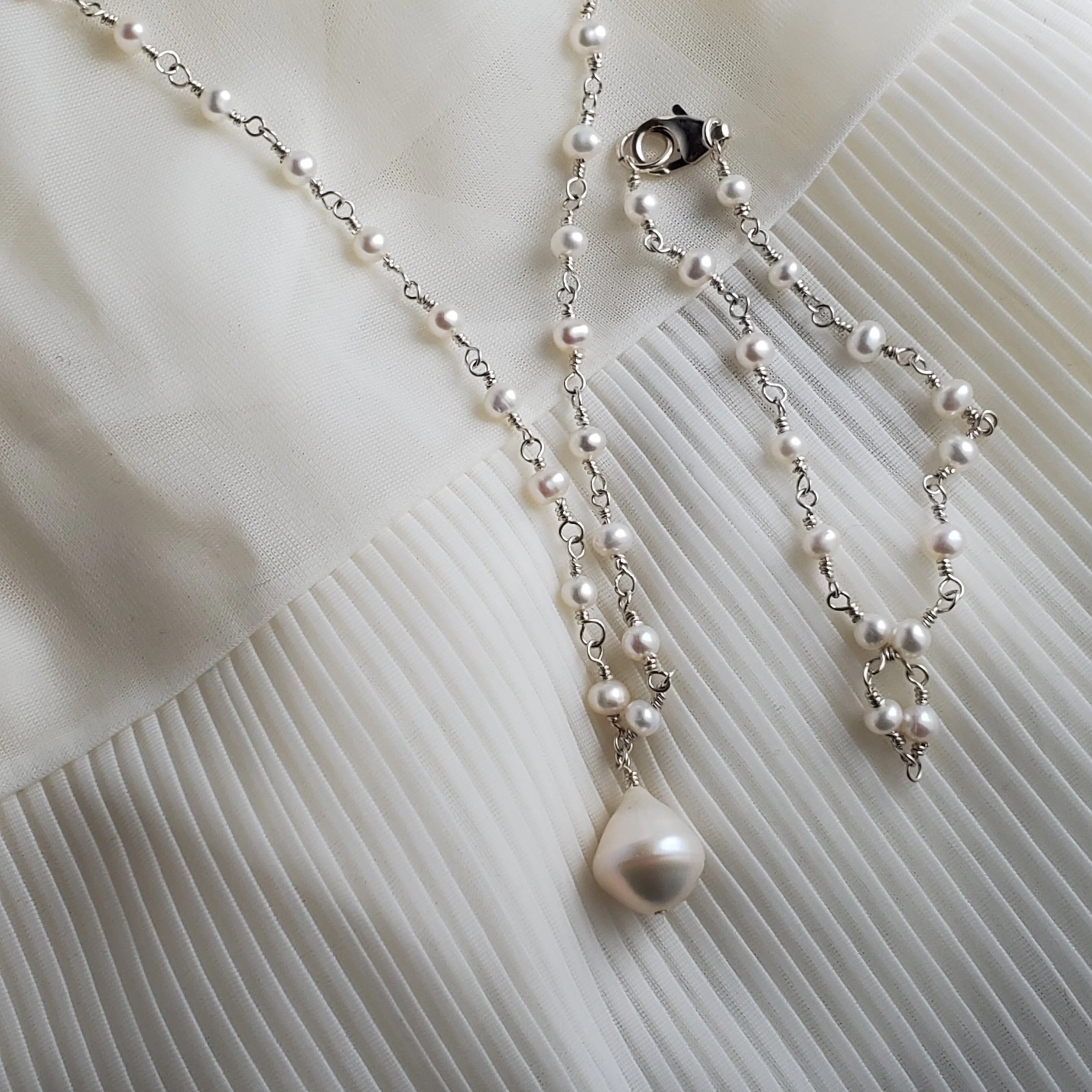 Handmade Chain Of Pearls Necklace, Rosary Chain with Drop Pearl Focal,  Sterling Silver and Pearl Necklace