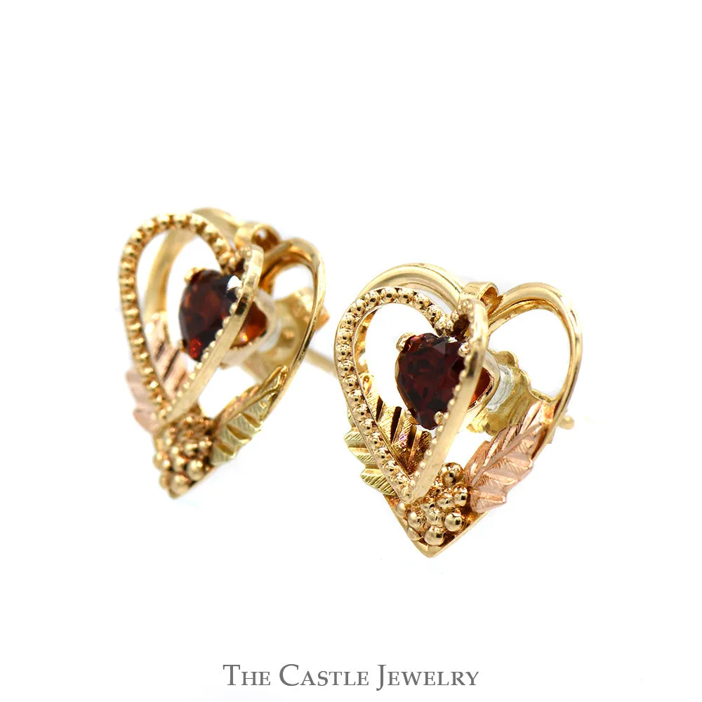 Heart Cut Garnet Earrings in Double Open Heart Design with Two Tone Leaf Accents in 10k Yellow and Rose Gold