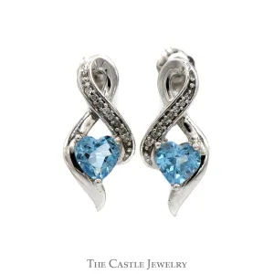 Heart Shaped Blue Topaz Earrings with Diamond Accented Twisted Drop Design in 10k White Gold