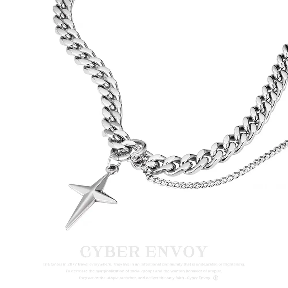 High Grade Titanium Steel Double Star Awn Hip Hop Necklace