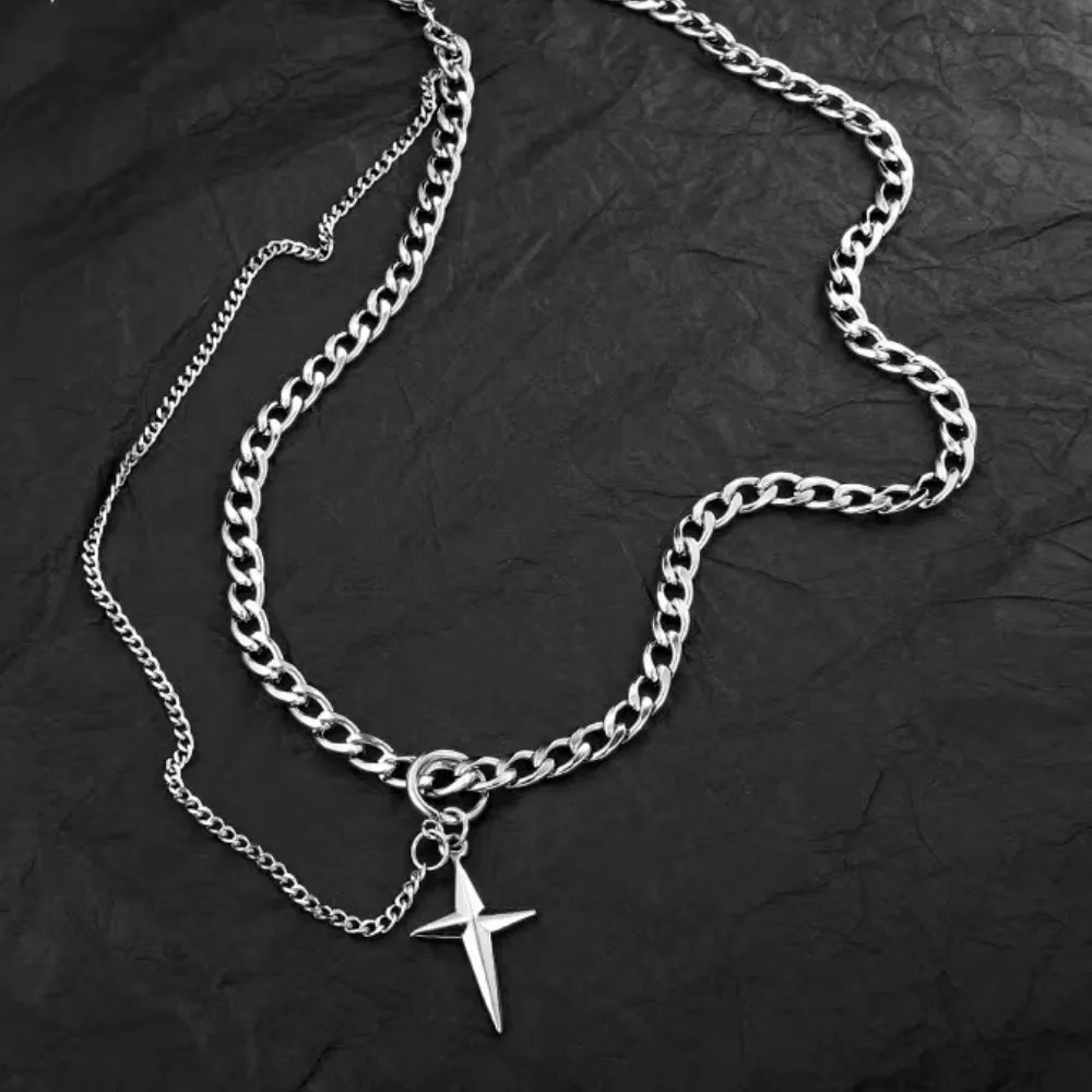 High Grade Titanium Steel Double Star Awn Hip Hop Necklace