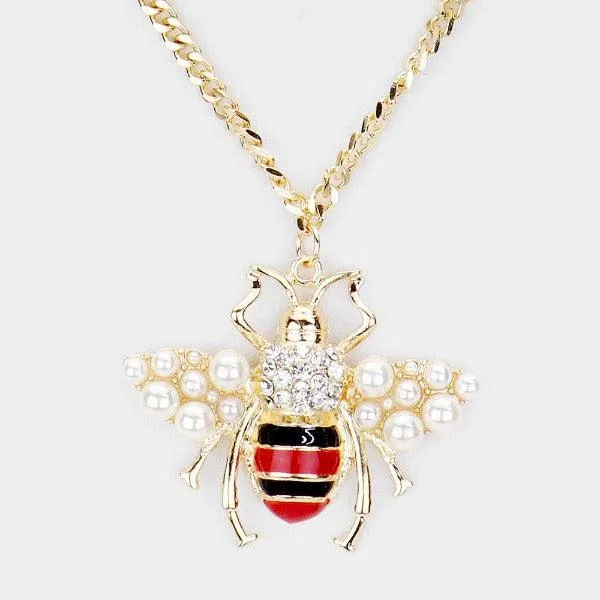 Honey Bee Pearl Pendant Chain Layered Necklace & Earring Set