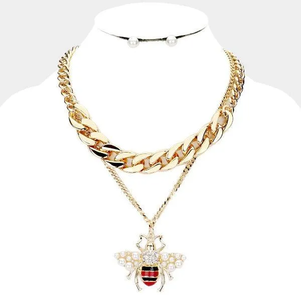 Honey Bee Pearl Pendant Chain Layered Necklace & Earring Set