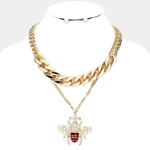 Honey Bee Pearl Pendant Chain Layered Necklace & Earring Set