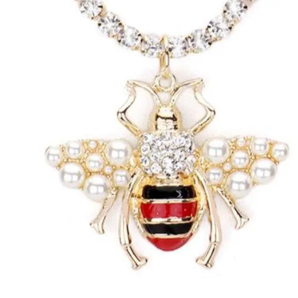 Honey Bee Pearl Pendant Tennis Chain Necklace Set