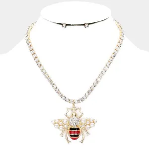 Honey Bee Pearl Pendant Tennis Chain Necklace Set