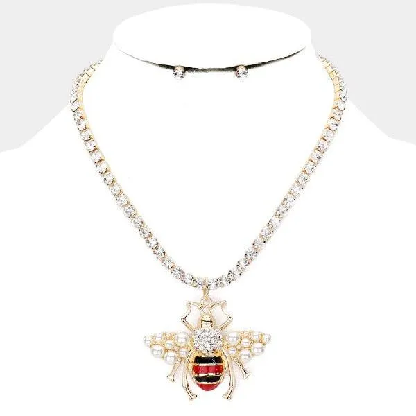 Honey Bee Pearl Pendant Tennis Chain Necklace Set