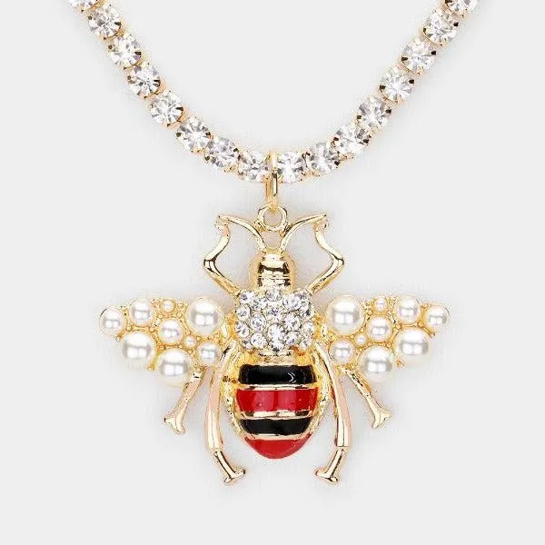 Honey Bee Pearl Pendant Tennis Chain Necklace Set