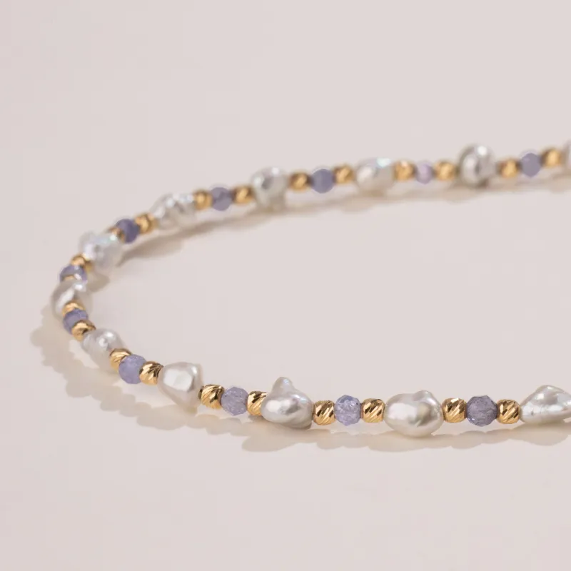 Keshi Saltwater Pearl 18K Gold Tanzanite Unique Necklace
