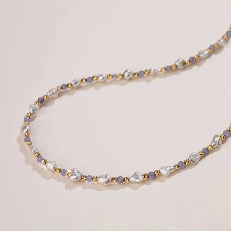 Keshi Saltwater Pearl 18K Gold Tanzanite Unique Necklace