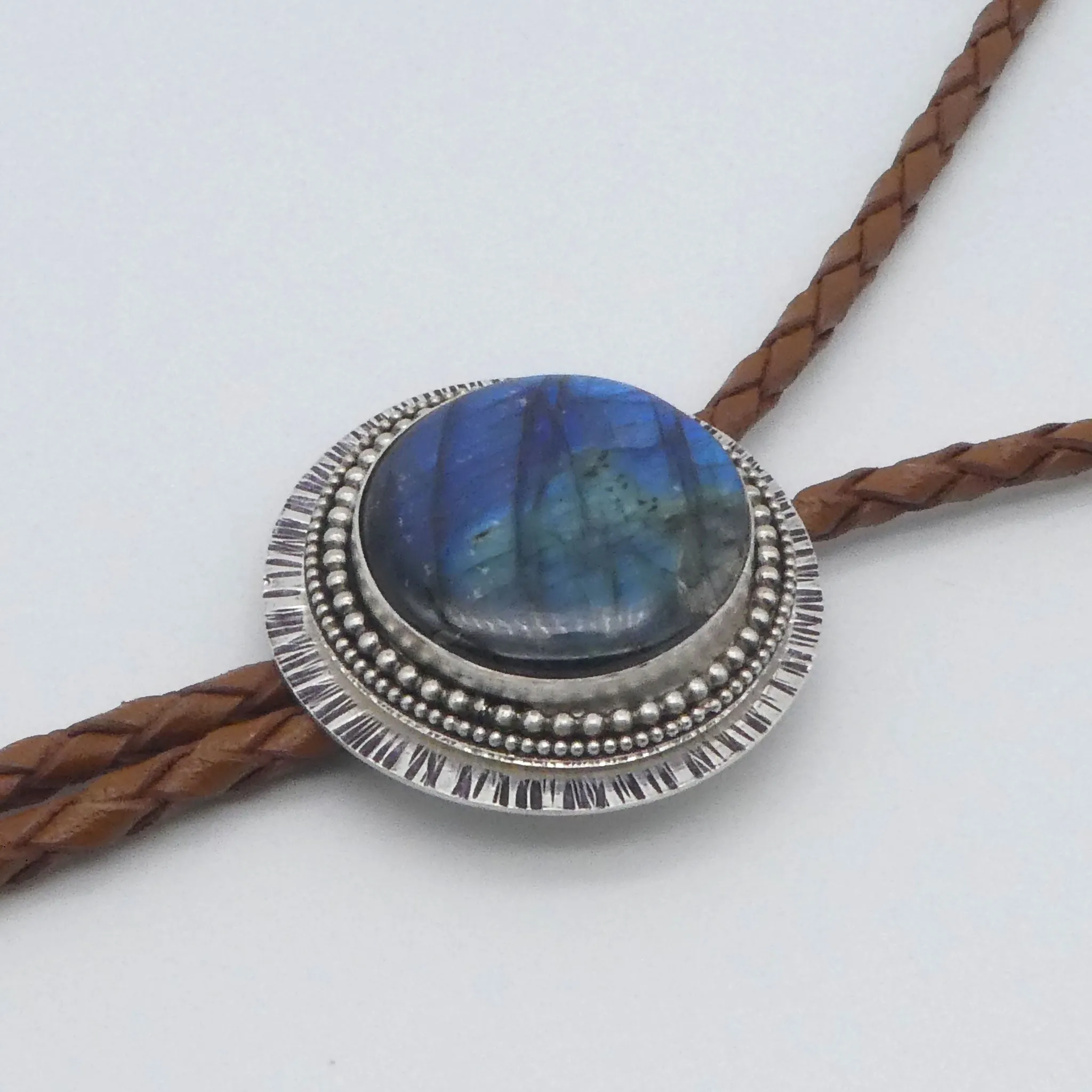 Labradorite Solid Sterling Silver Braided Leather Bolo Necklace