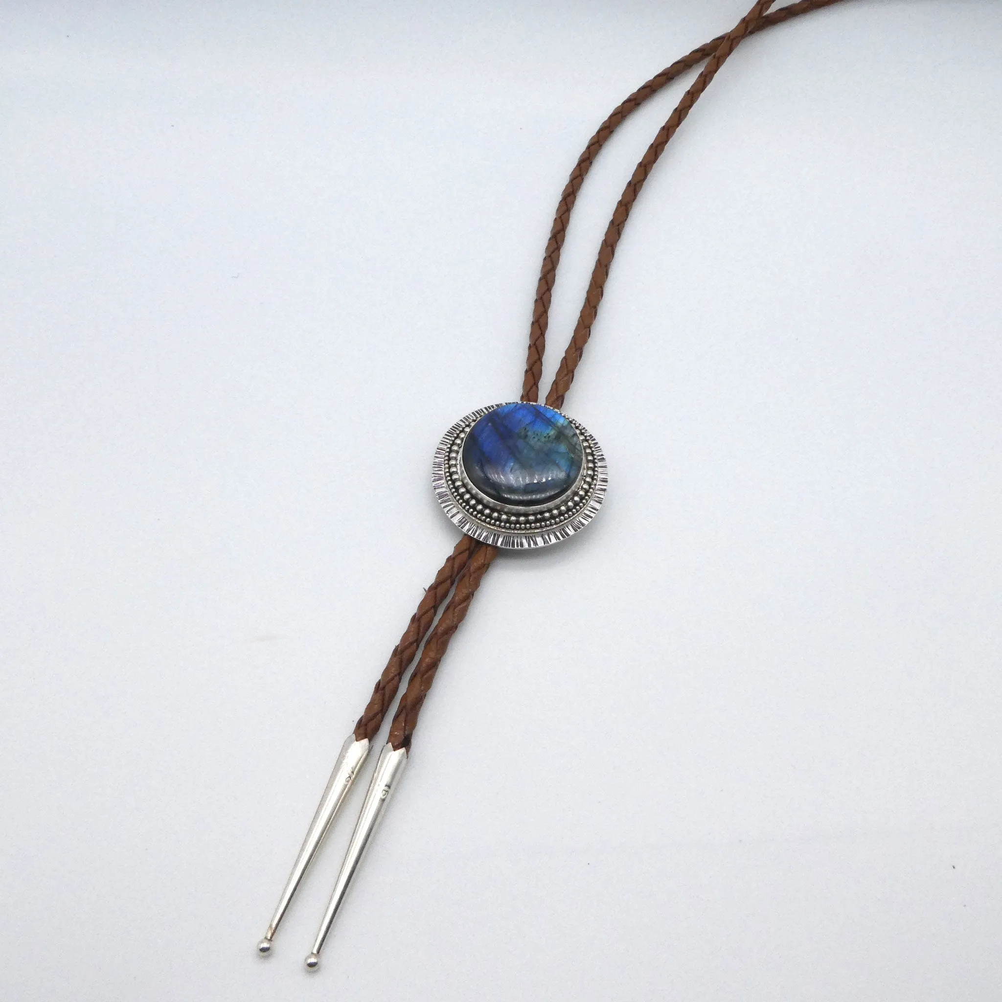 Labradorite Solid Sterling Silver Braided Leather Bolo Necklace