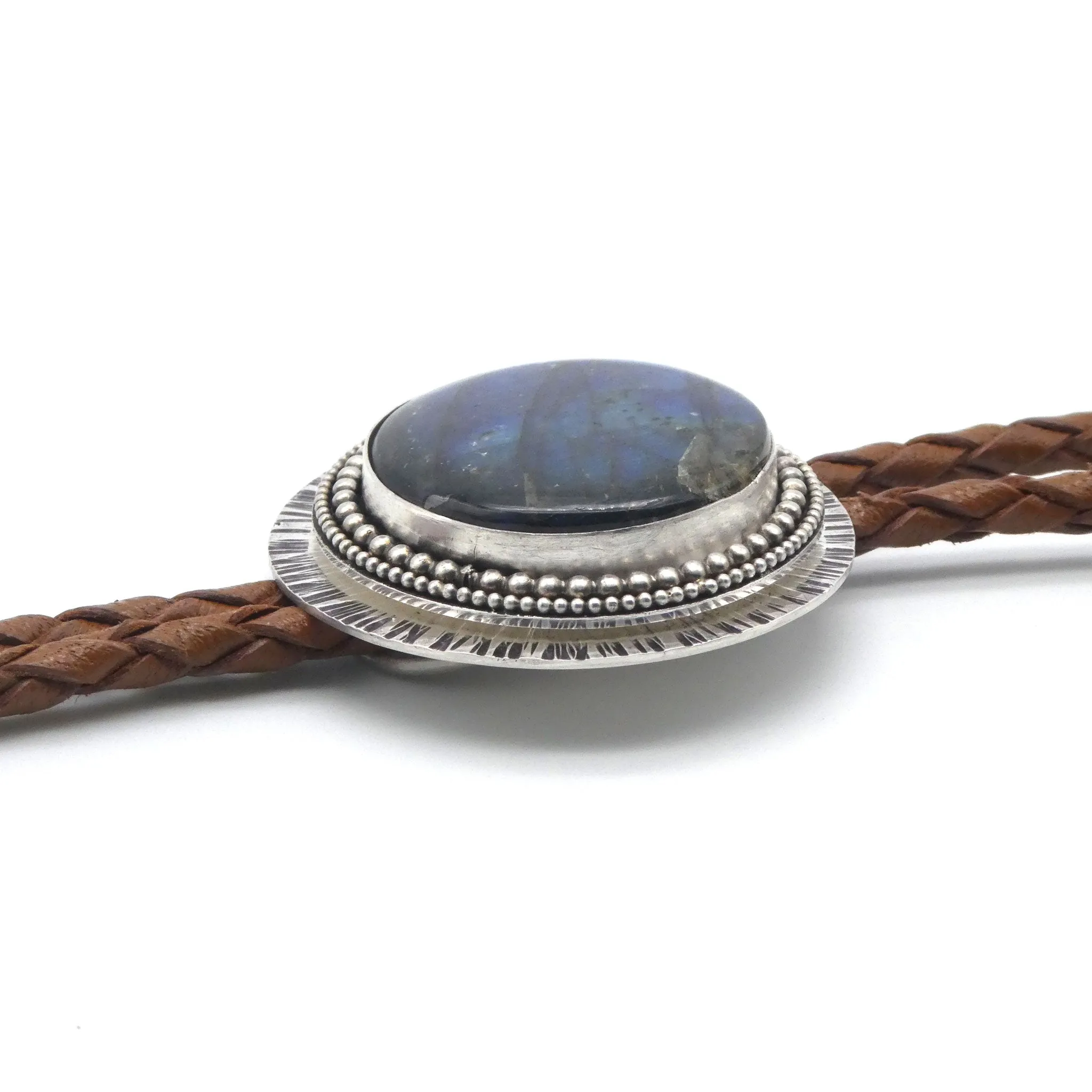 Labradorite Solid Sterling Silver Braided Leather Bolo Necklace