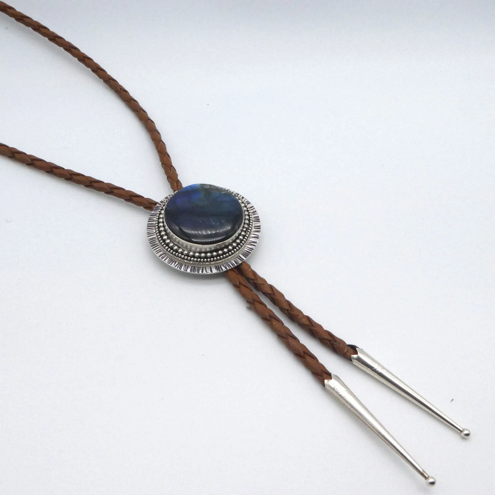 Labradorite Solid Sterling Silver Braided Leather Bolo Necklace
