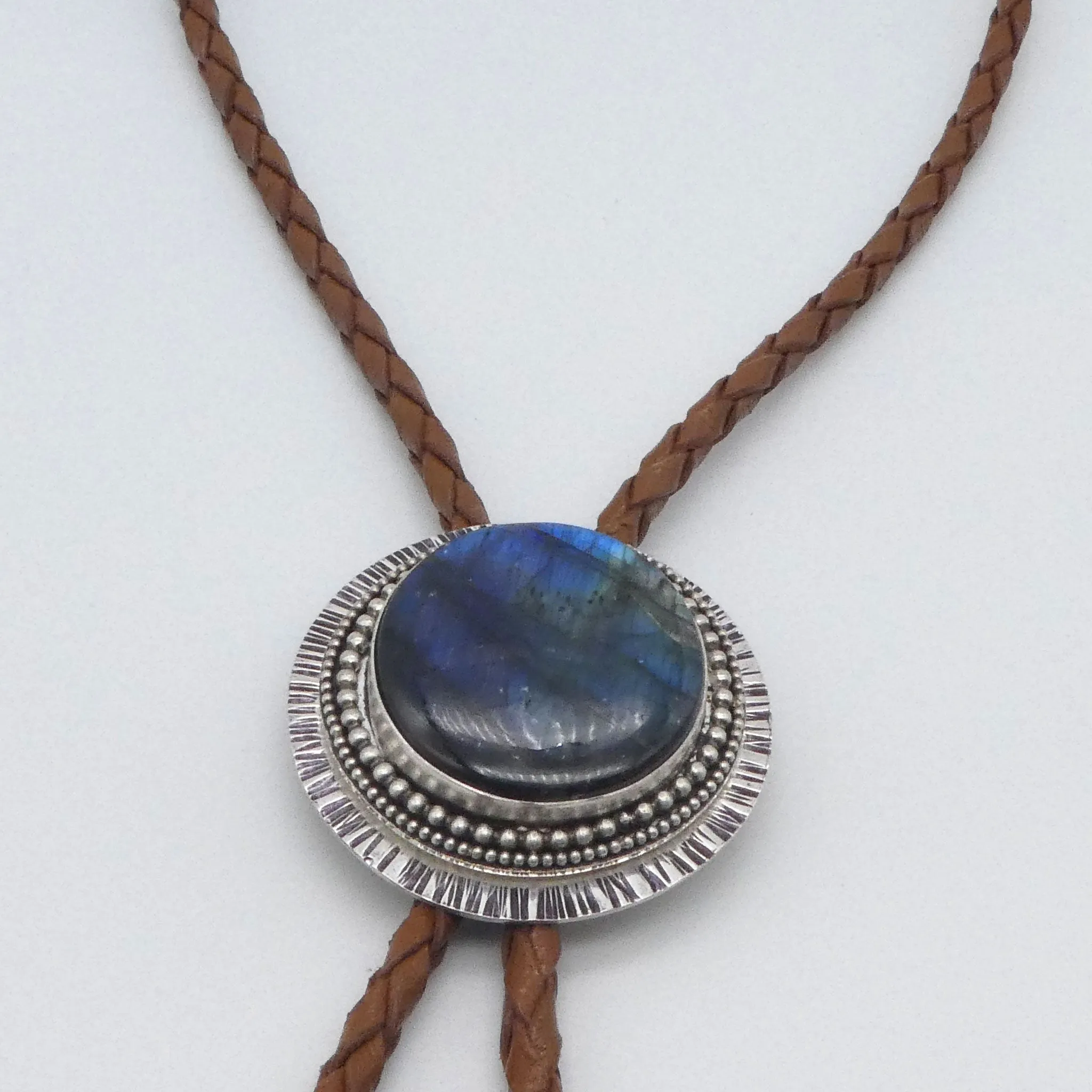 Labradorite Solid Sterling Silver Braided Leather Bolo Necklace