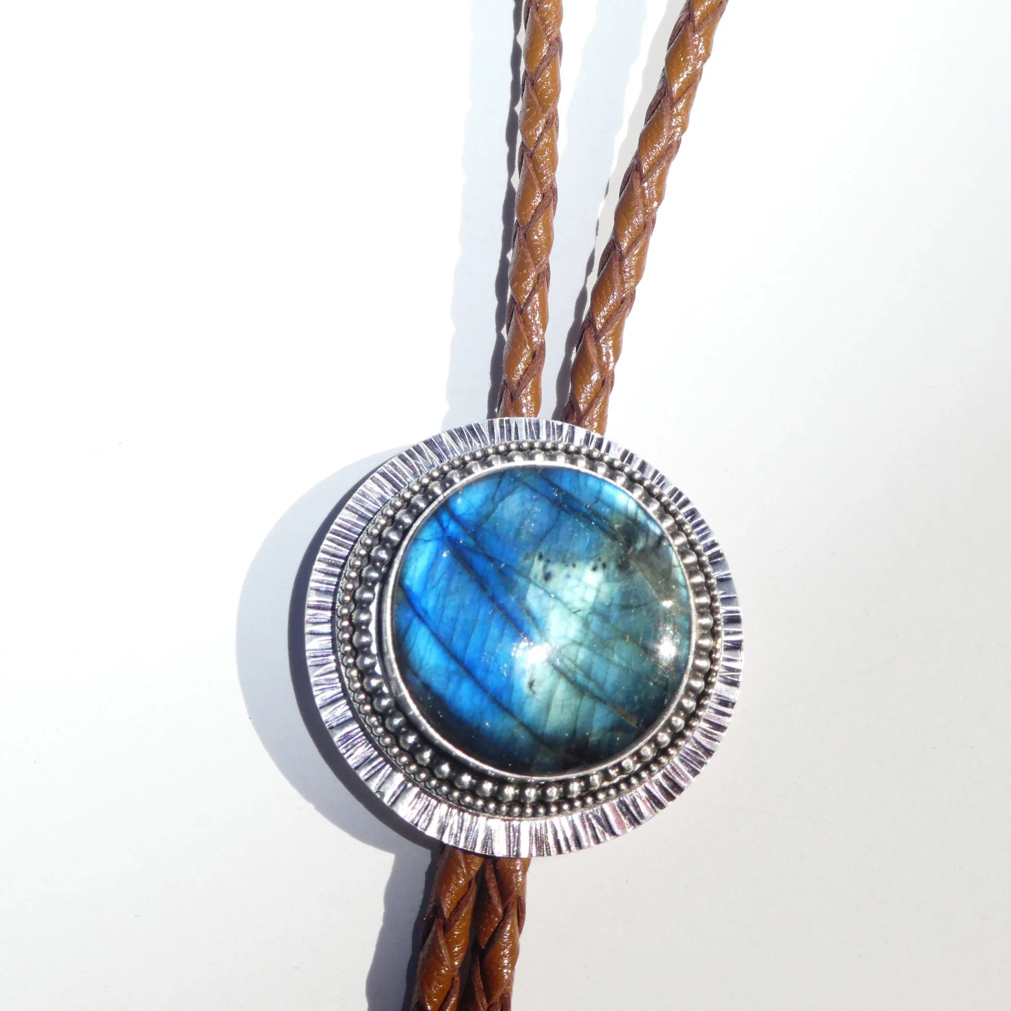 Labradorite Solid Sterling Silver Braided Leather Bolo Necklace