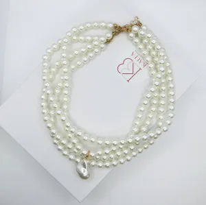 Large White Pearl Multi Strand Necklace, Baroque Pearl Pendant Bridal Necklace, Wedding Chunky Necklace for Bride