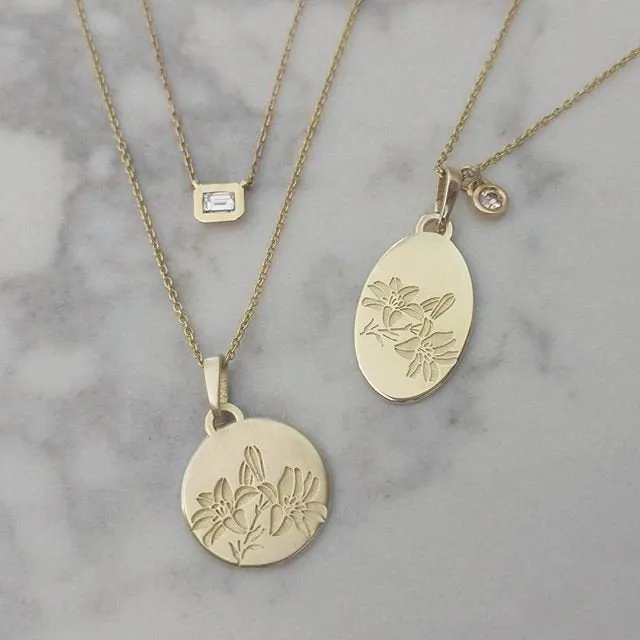 Lily flower necklace, 14k gold unique personalized pendant, engraved flower necklace , personalized Valentine's day gift