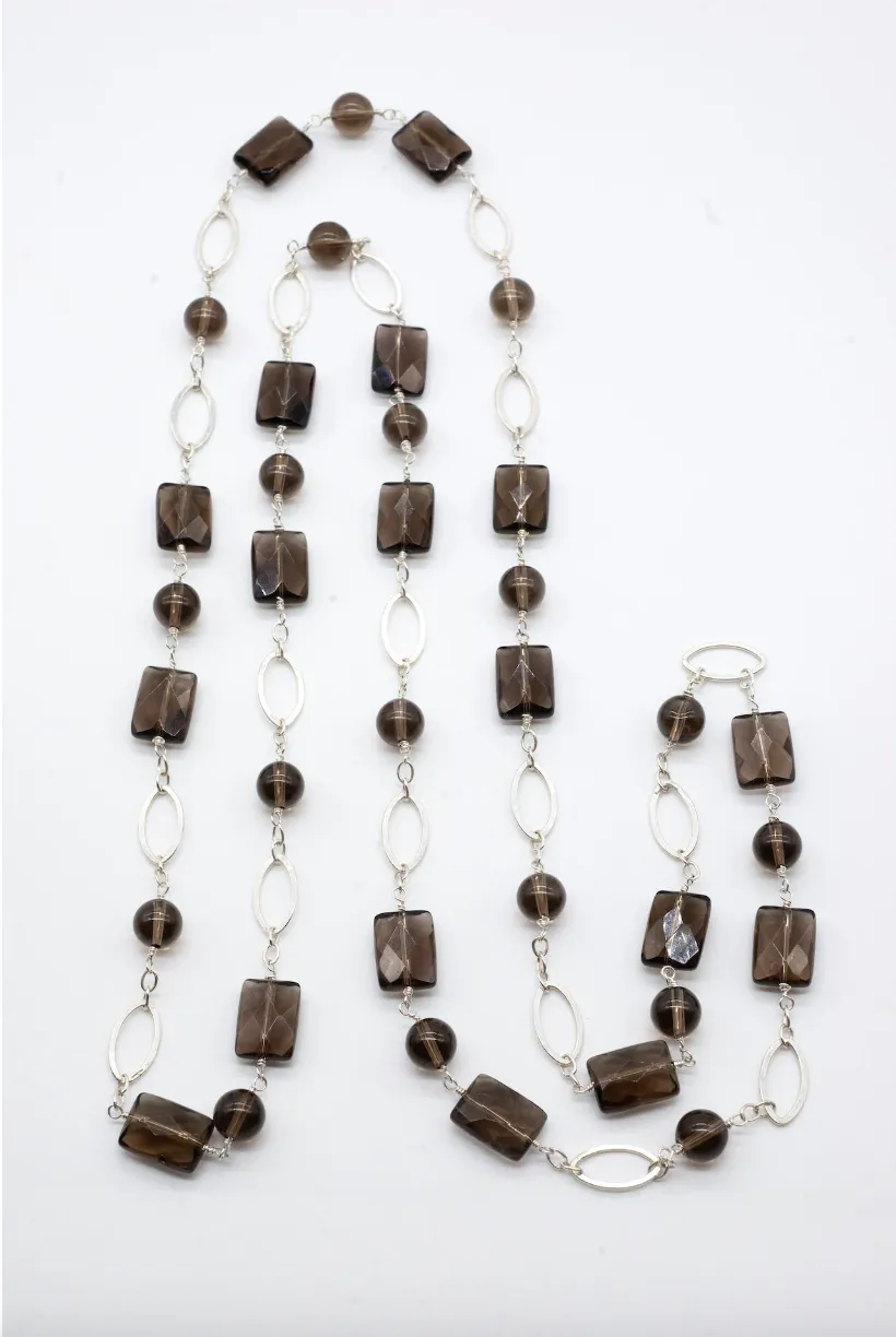 Long Smoky Quartz and Sterling Silver Necklace