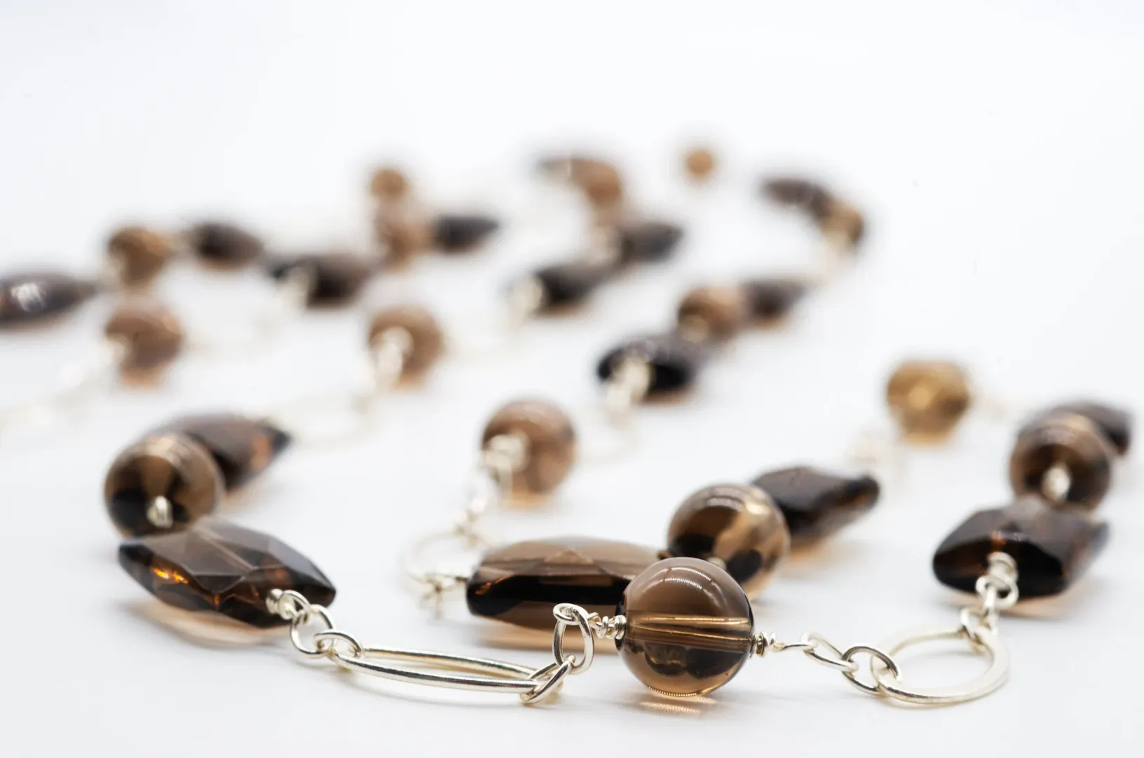 Long Smoky Quartz and Sterling Silver Necklace