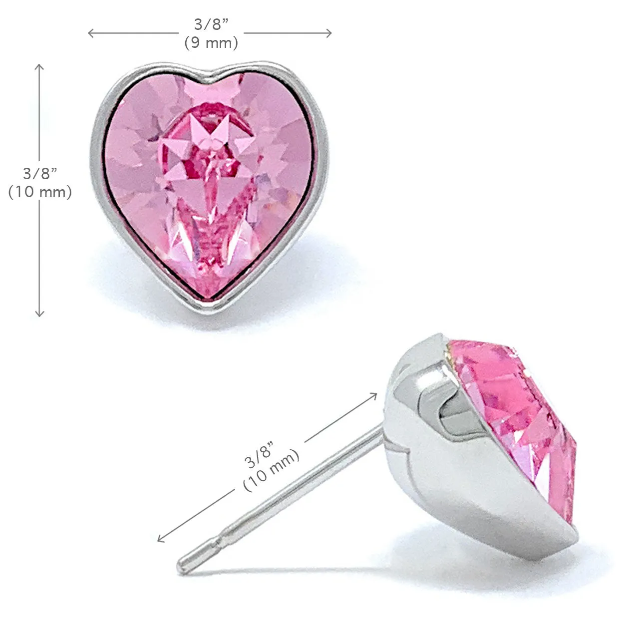 Lucia Stud Earrings with Pink Light Rose Heart Crystals from Swarovski Silver Toned Rhodium Plated