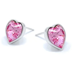 Lucia Stud Earrings with Pink Light Rose Heart Crystals from Swarovski Silver Toned Rhodium Plated