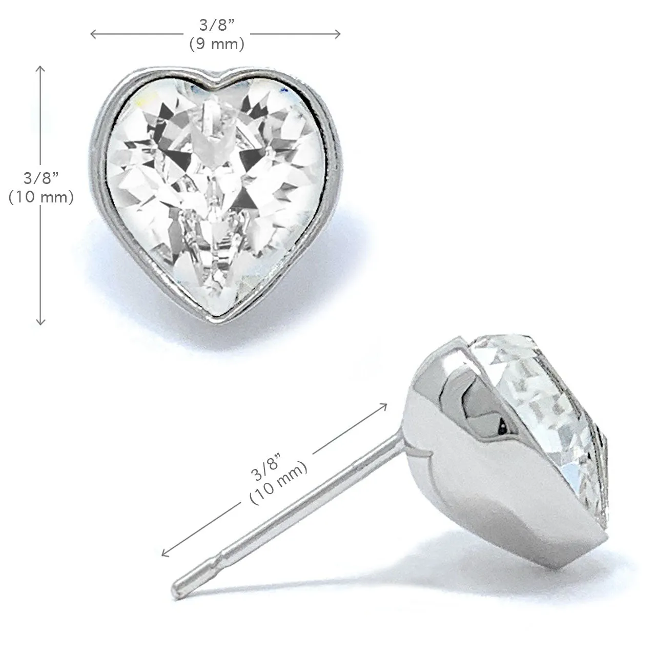 Lucia Stud Earrings with White Clear Heart Crystals from Swarovski Silver Toned Rhodium Plated