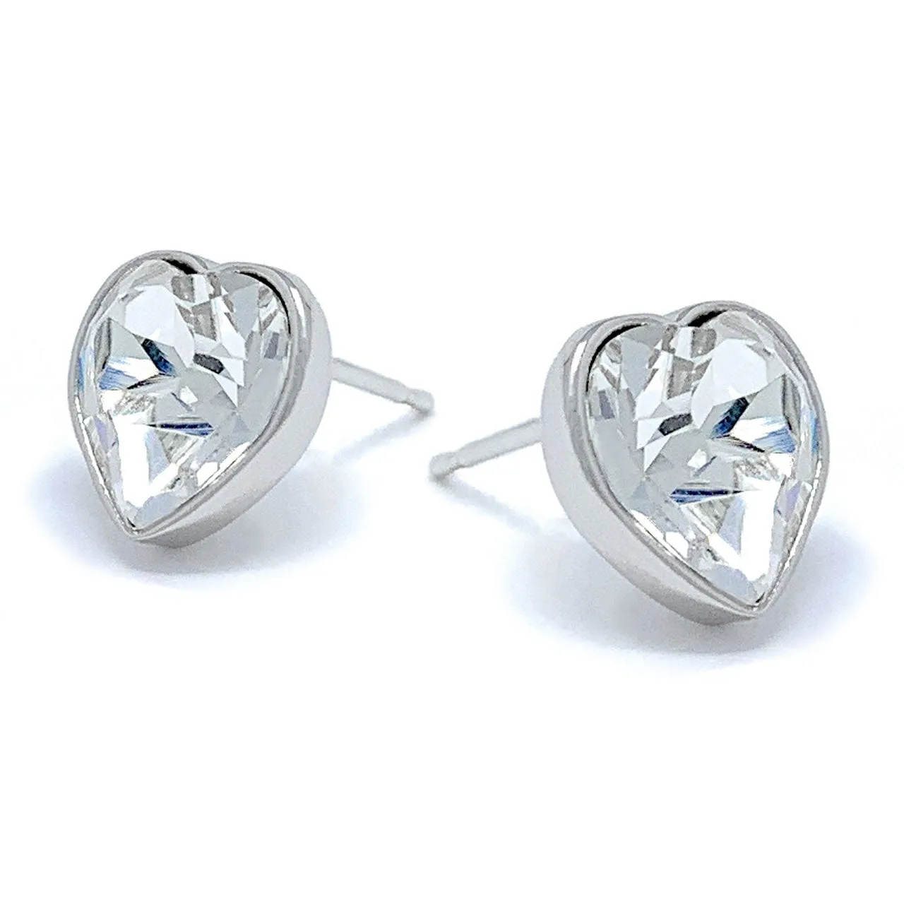 Lucia Stud Earrings with White Clear Heart Crystals from Swarovski Silver Toned Rhodium Plated