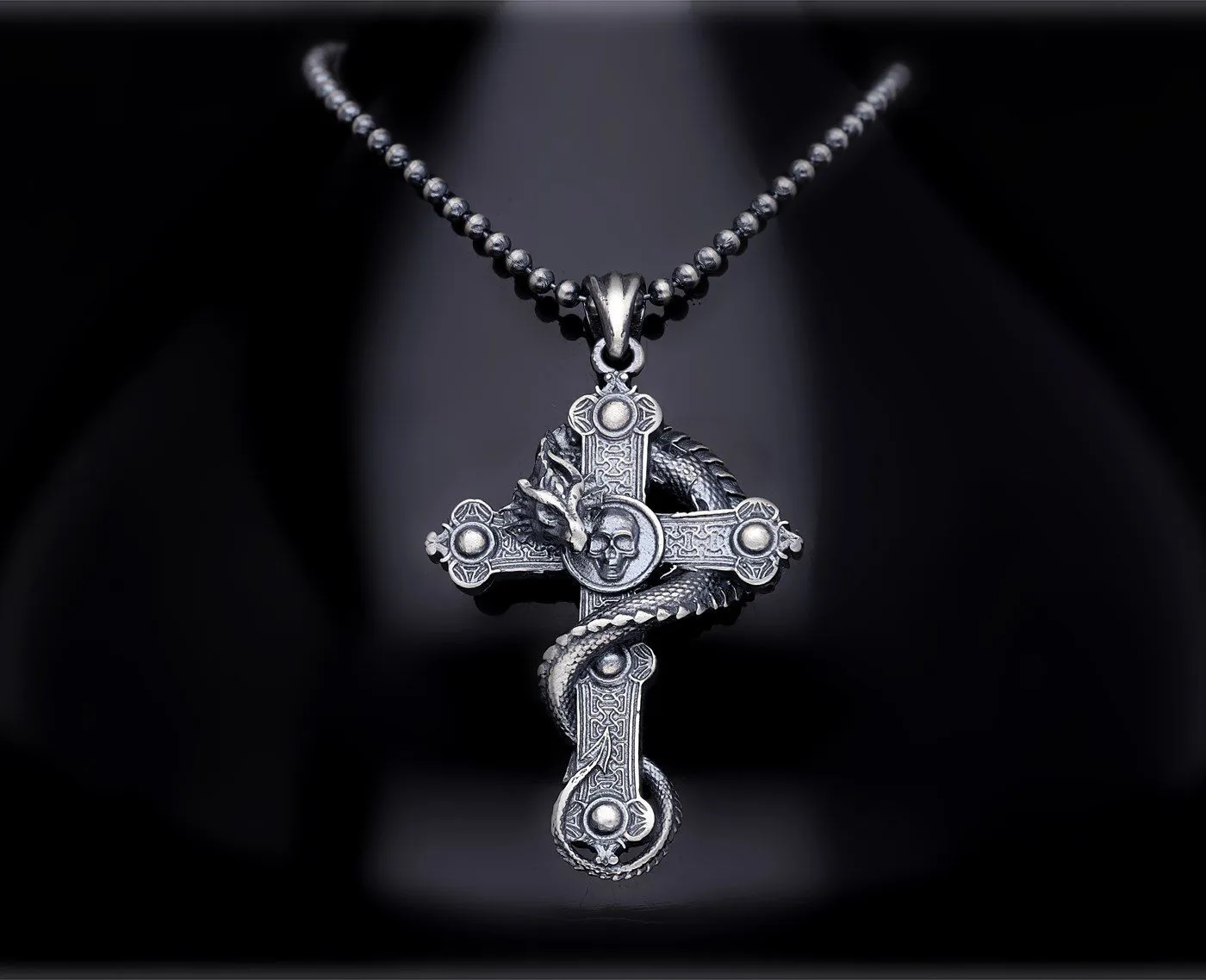 Men’s Sterling Silver Dragon Cross Necklace