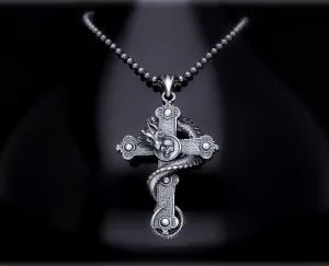 Men’s Sterling Silver Dragon Cross Necklace