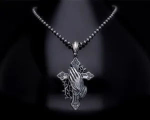 Men’s Sterling Silver Praying Hand Crown Necklace