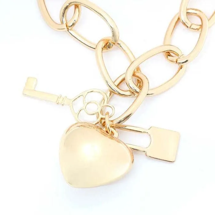 Metal Heart Key Lock Pendant Gold Necklace Set