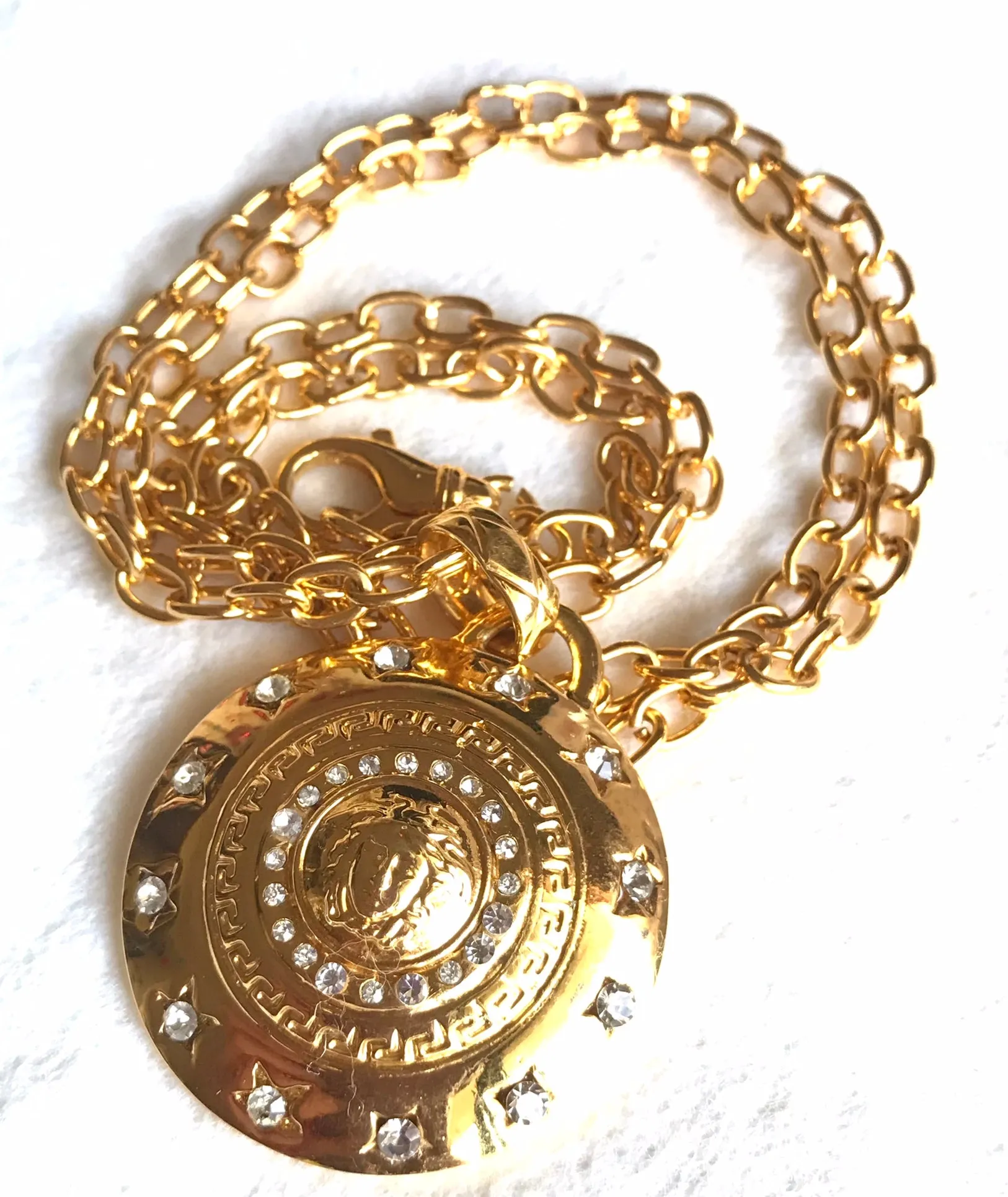 MINT. Vintage Gianni Versace chain necklace with Medusa head and crystal stone top. Must have beautiful jewelry piece. 040416