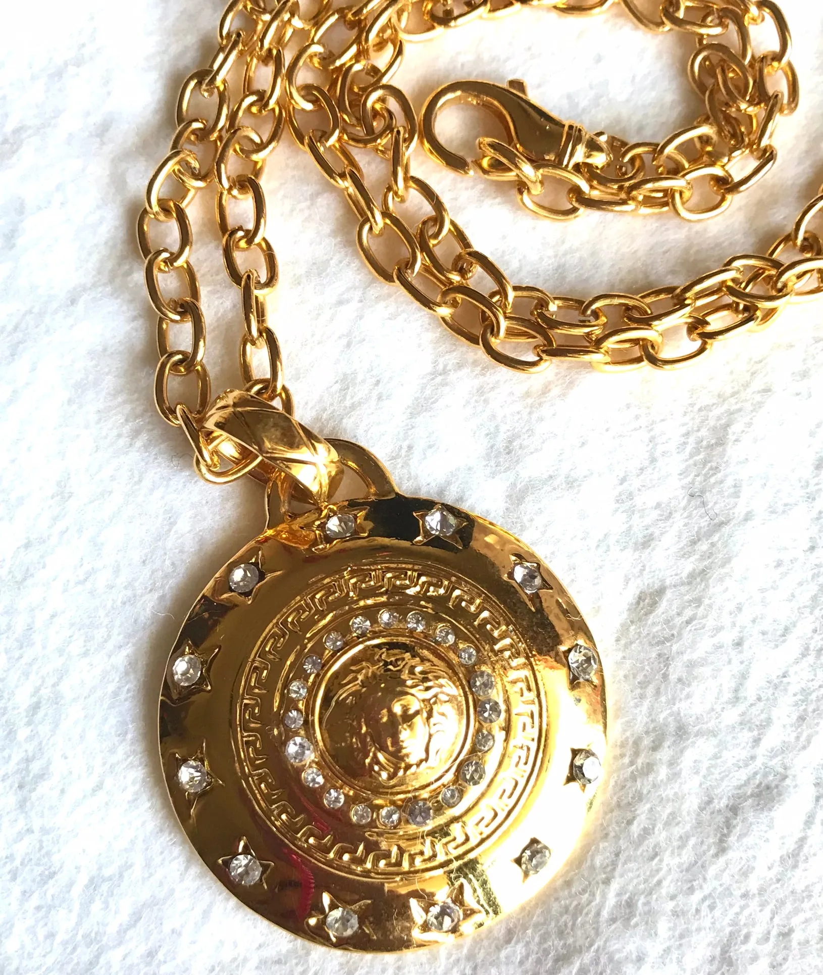 MINT. Vintage Gianni Versace chain necklace with Medusa head and crystal stone top. Must have beautiful jewelry piece. 040416