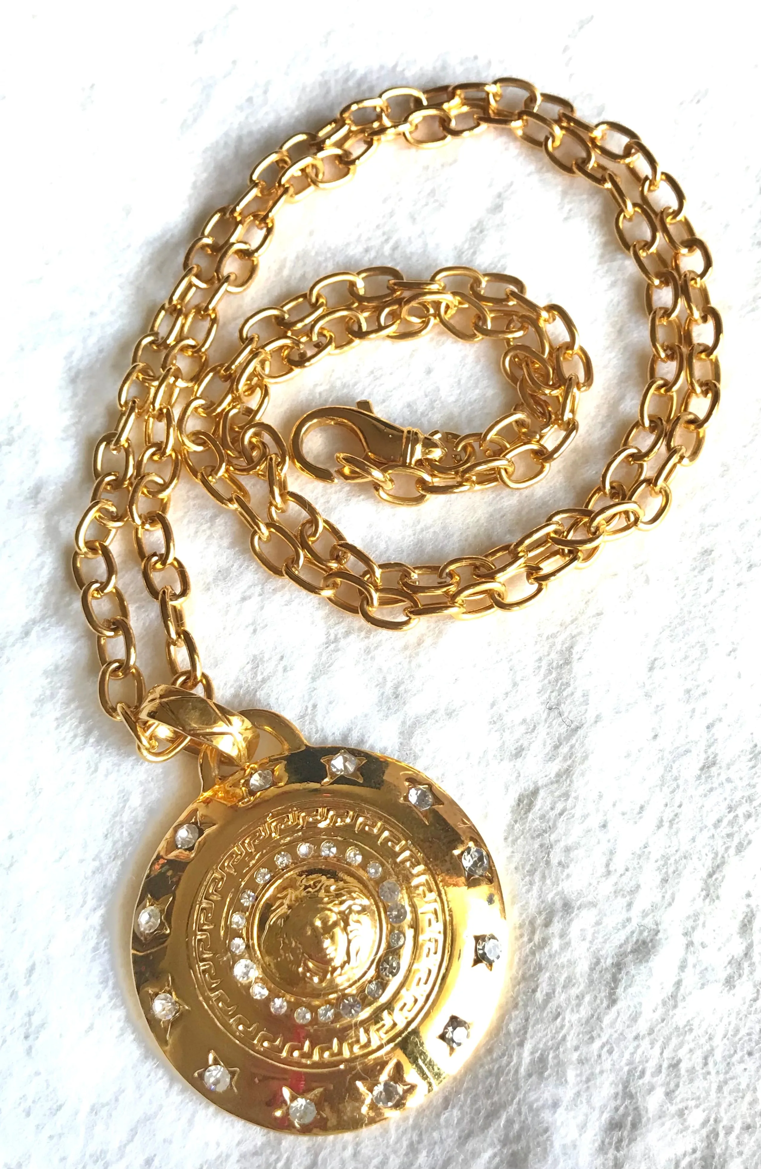 MINT. Vintage Gianni Versace chain necklace with Medusa head and crystal stone top. Must have beautiful jewelry piece. 040416
