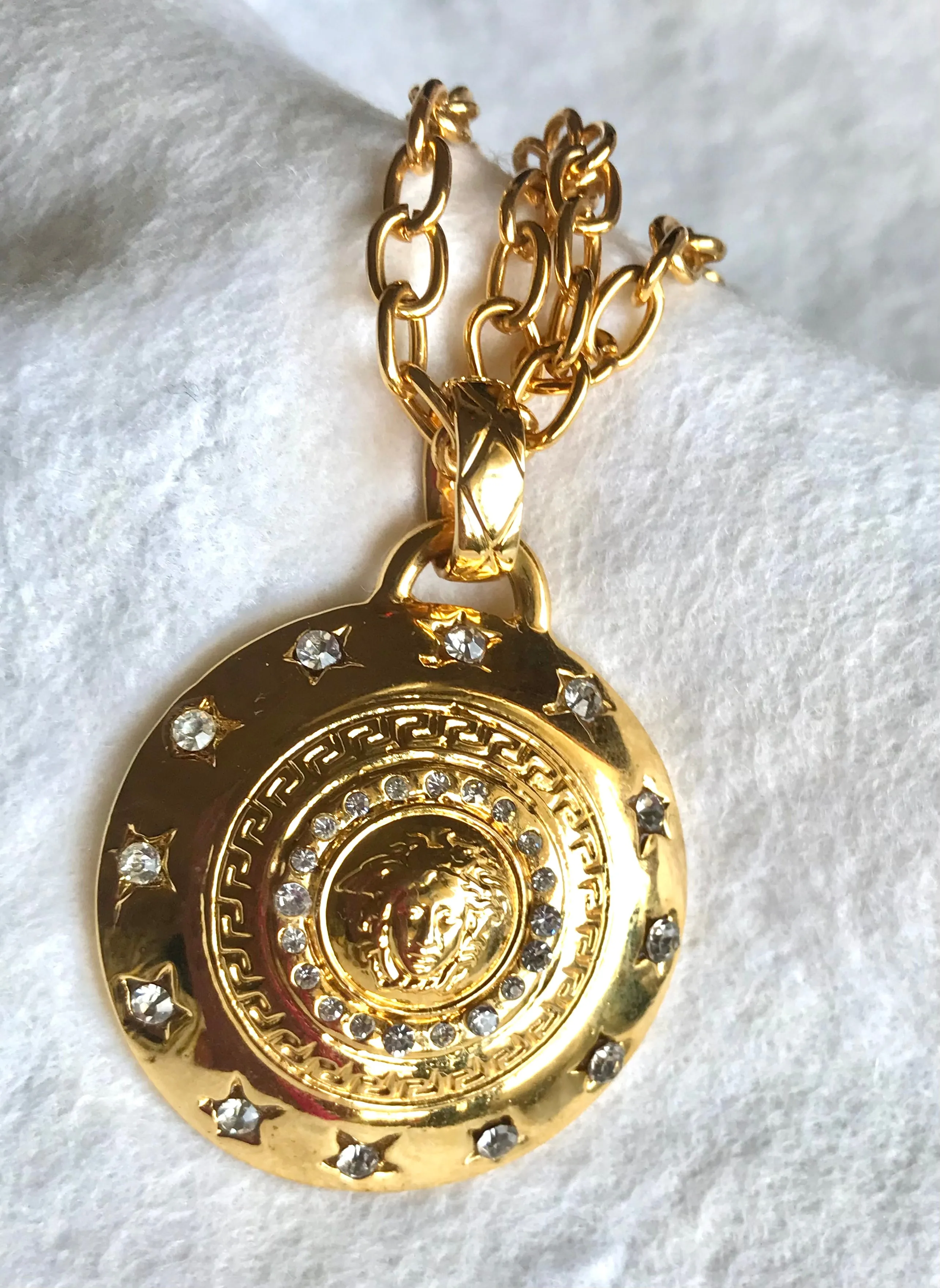 MINT. Vintage Gianni Versace chain necklace with Medusa head and crystal stone top. Must have beautiful jewelry piece. 040416