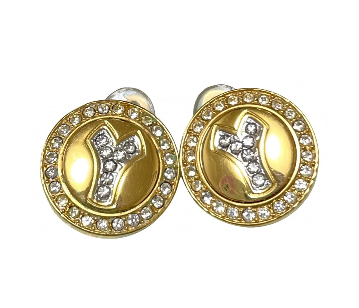 MINT. Vintage Yves Saint Laurent golden Y logo round earring with crystals. Must have classic jewelry piece. 0410061